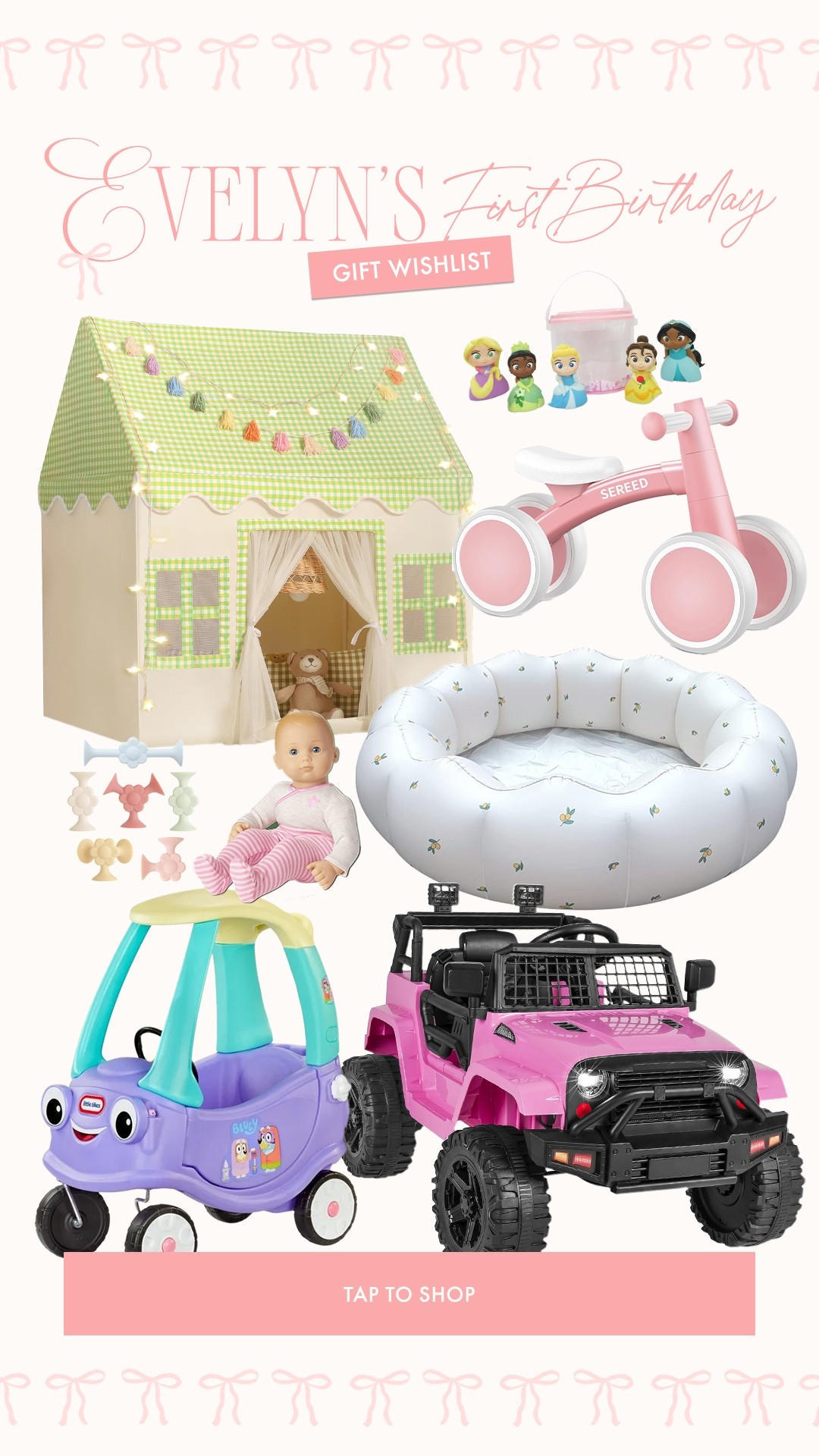 Babygirls first birthday wishlist 🥹🩷 we got her the pink jeep and her very first babydoll!!!! 🥹🥹🥹

First birthday gift ideas, babygirl gift ideas, bitty baby, bluey jeep, bluey car, balance bike, pink balance bike 

#LTKKids #LTKFindsUnder100 #LTKGiftGuide