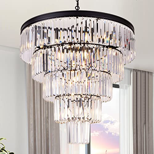 TOCHIC Large Crystal Chandelier for High Ceiling, 40 inch 7-Tier Modern Black Crystal Chandeliers Lighting Fixture, Round Light for Entryway Staircase Foyer Living Room (Black, 31.5 Inches) | Amazon (US)