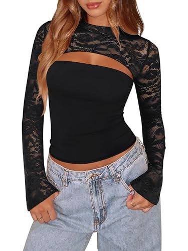 Xuiqx Women's Lace Long Sleeve Going Out Top Sexy Y2K Cut Out Double Lined Slim Night Out Club Party Tops (Black Large) | Amazon (US)