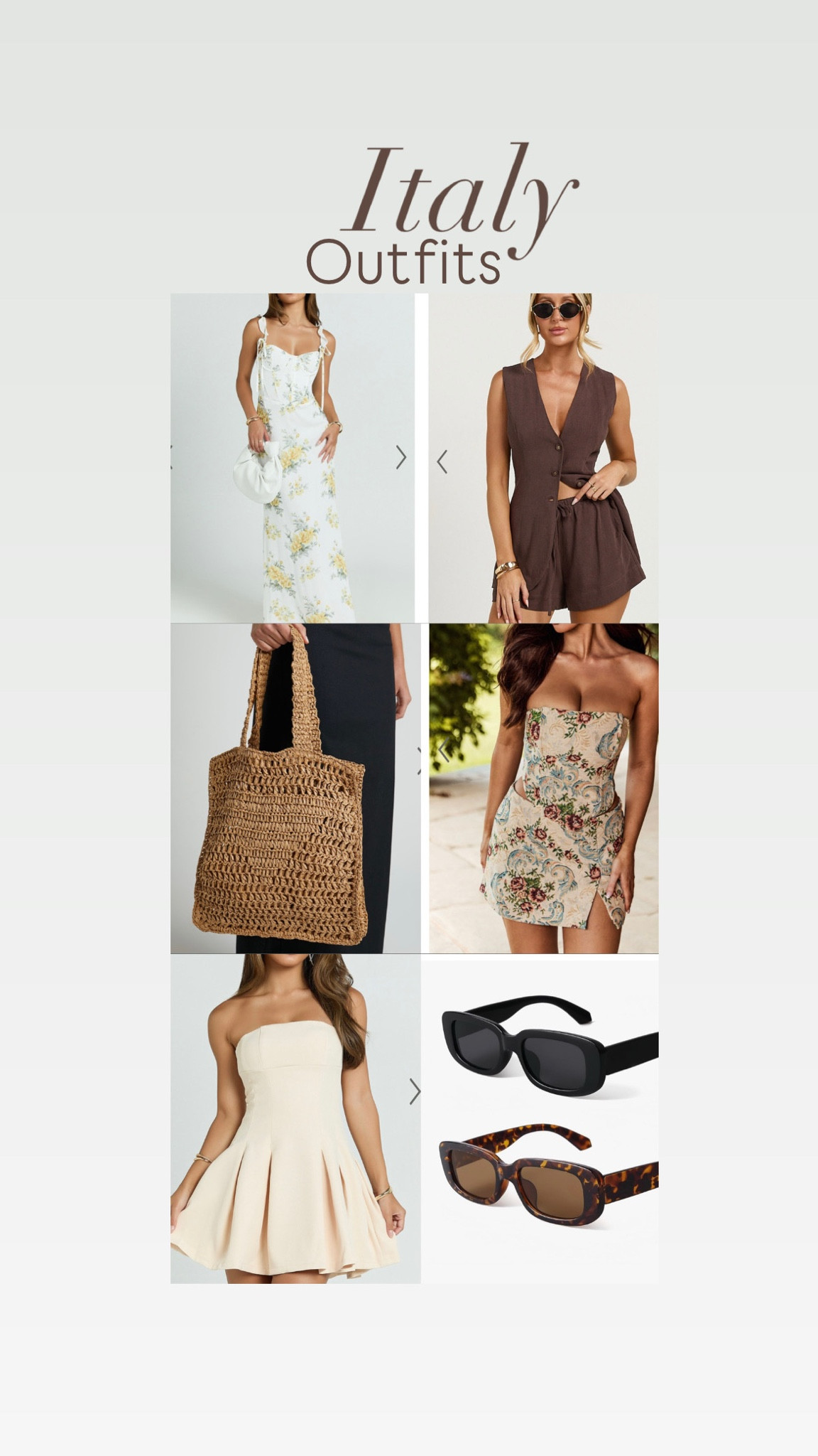 Outfits I’m packing for my Italy trip this summer! 

Set
Dress
Europe
Travel
Spring trends
Outfit ideas
Accessories #LTKSpring 

#LTKTravel #LTKWorkwear