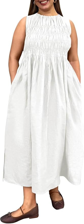 Beautife Women's Plus Size Maxi Dress Summer Casual Sleeveless Ruched Crewneck Sundresses with Po... | Amazon (US)