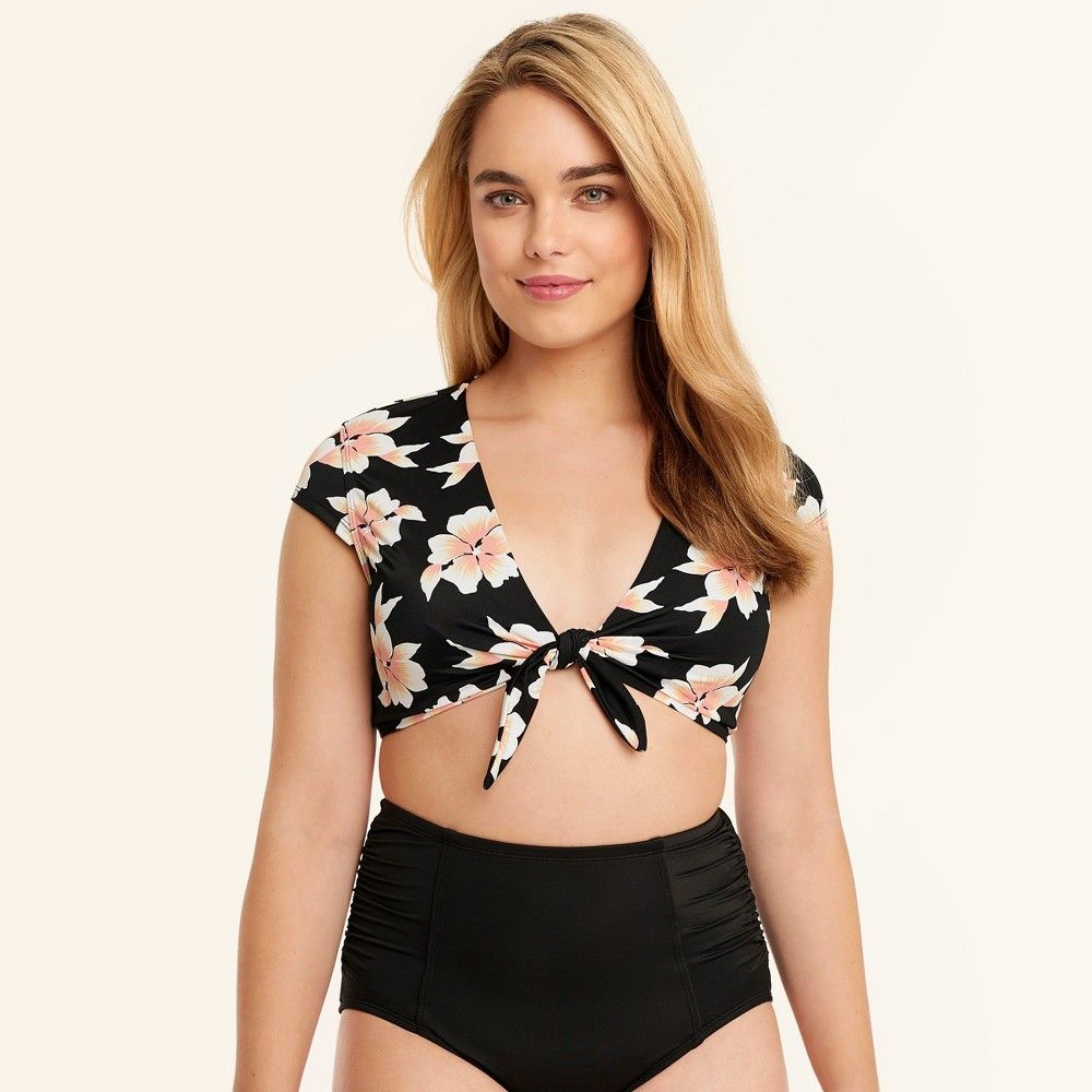 Women's Slimming Control Floral Cropped Tie Front Bikini Swim Top - Black/Pink - S - Beach Betty by Miracle Brands | Target