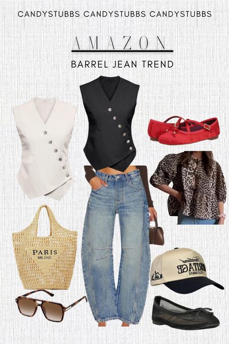 Amazon fashion. Barrel Jean trend. Vests. Ballerina flats. Trucker hat. Summer outfit. Leopard top  

#LTKStyleTip #LTKFindsUnder50 #LTKFindsUnder100
