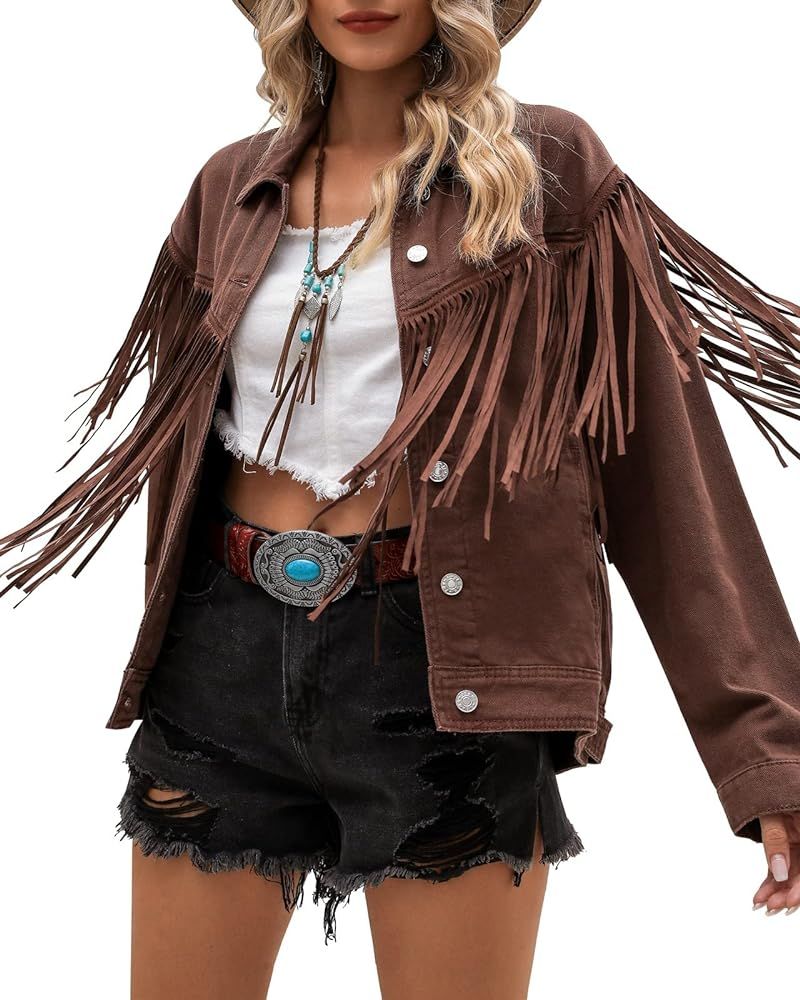 Vetinee Denim Jacket for Women Fringe Trucker Jean Jacket Distressed Western Cowgirl Shacket Jackets | Amazon (US)