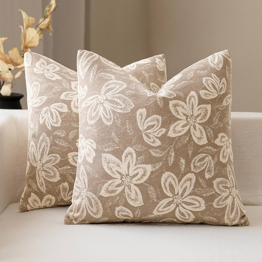 Floral Throw Pillow Covers 18x18 Set of 2 Farmhouse Pillow Covers Vintage Neutral Accent Pillowca... | Amazon (US)