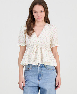 Tinseltown Juniors' Printed Puff-Sleeve Babydoll Top - Macy's | Macy's