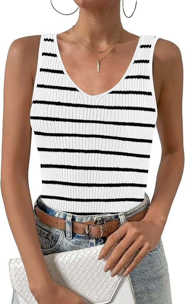 Zeagoo Womens Ribbed Tank Tops 2024 V Neck Slim Fit Knit Sleeveless Shirts Casual Basic Tee | Amazon (US)