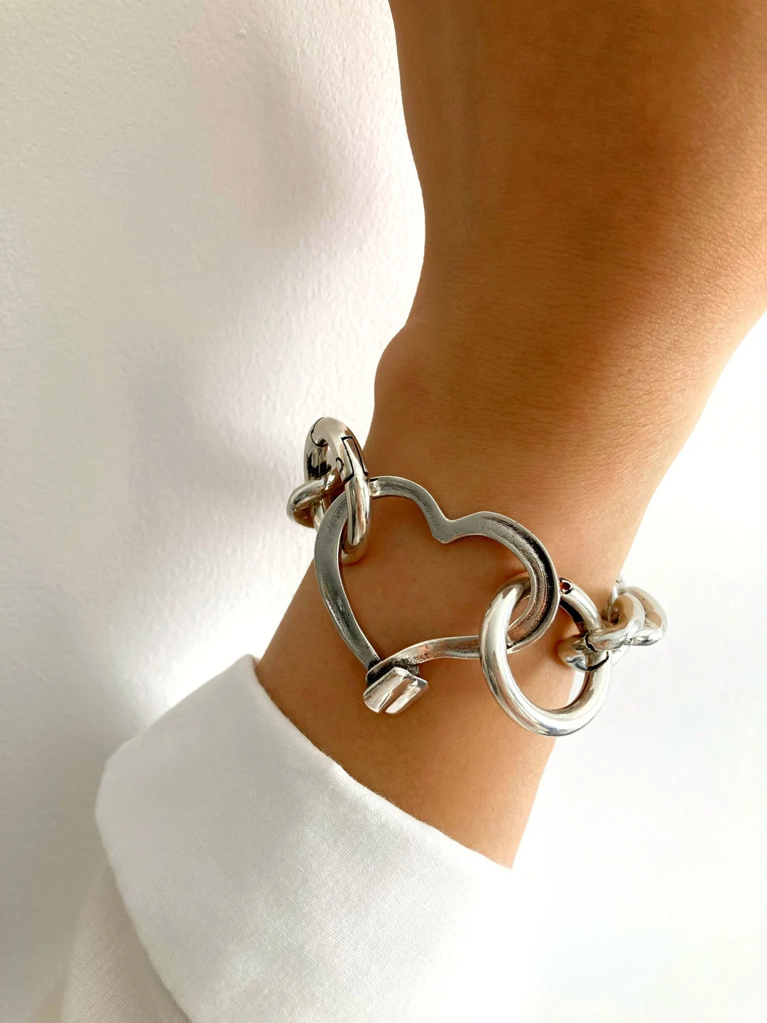 Antique Silver Bracelet, Large Chunky Chain, Statement Heart Chain Bracelet, Silver Love Curb Bra... | Etsy (US)