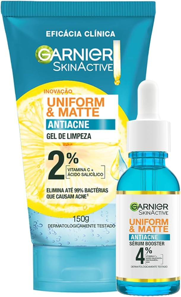 Kit Garnier Uniform & Matte Antiacne: Gel de Limpeza Facial, 150g + Sérum Facial, 15ml | Amazon (BR)