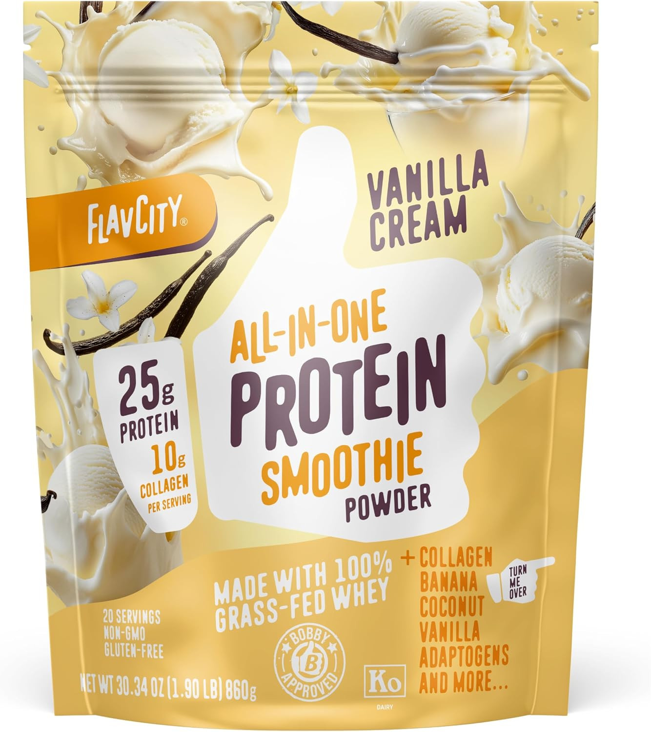 FlavCity Grass Fed Whey Protein Powder - Vanilla Smoothie - 25g Protein & 10g Collagen - Made with Real Vanilla Bean & Organic Coconut Milk - Gluten Free & No Added Sugars (20 Servings) | Amazon (US)