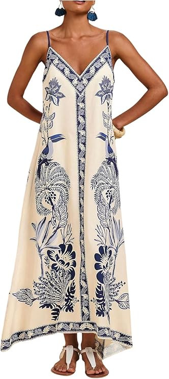 Floerns Women's Boho Floral V Neck Maxi Dress Summer Sleeveless Asymmetrical Flowy Vacation Dress... | Amazon (US)