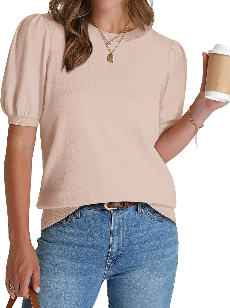 WIHOLL Women's Puff Short Sleeve Sweater 2025 Spring Summer Tops Trendy Business Casual Outfits W... | Amazon (US)