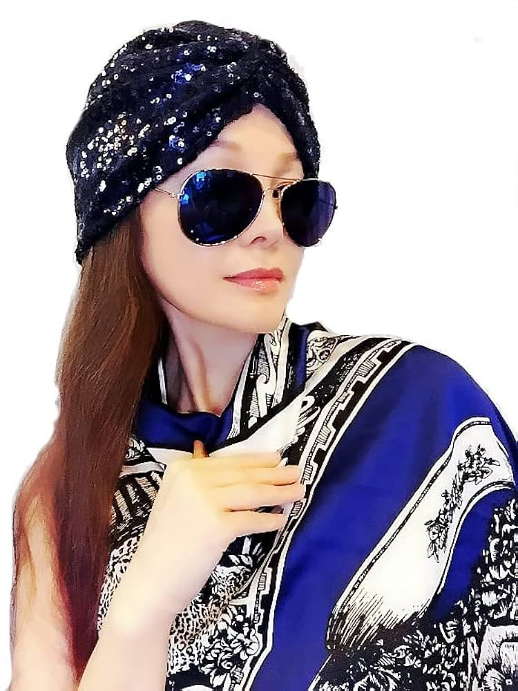 Navy Sequin Turban,Scarf,Women Turban,Full Turban,Turban,Turban Hat,Stretch Turban,Fashion Turban... | Amazon (US)