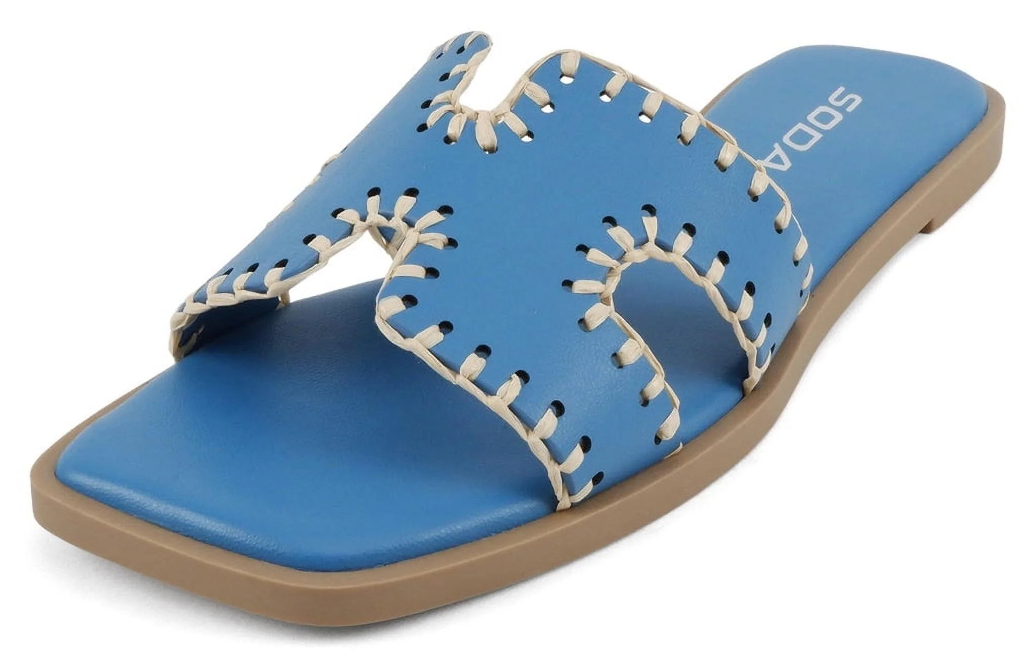Soda Shoes Women Slip-On Sandals H-Band Flat Flip-Flops Slides Raffia Stitching Square Toe Finity... | Walmart (US)