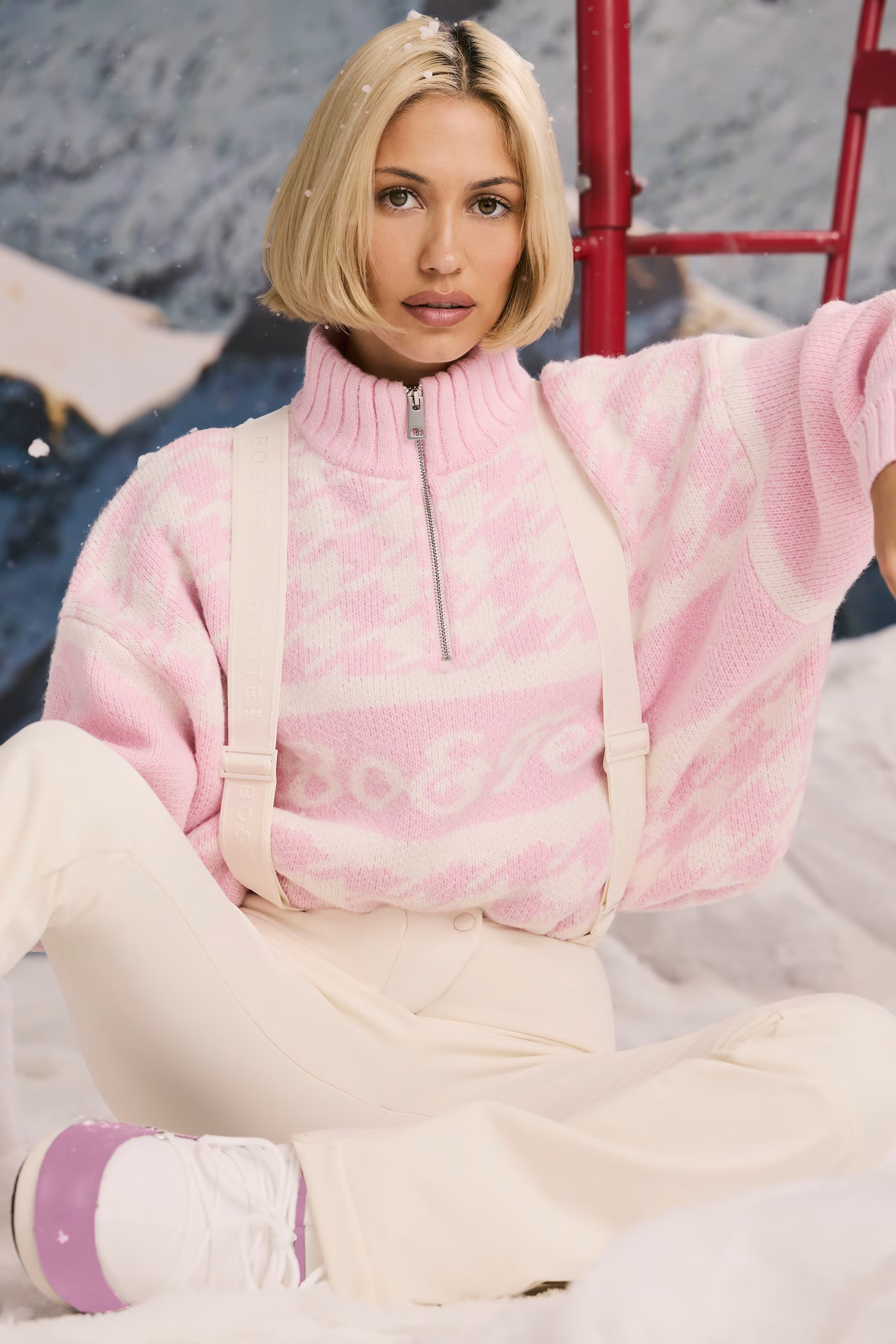 Oversized Half-Zip Chunky-Knit Jumper in Pastel Pink | Bo&Tee