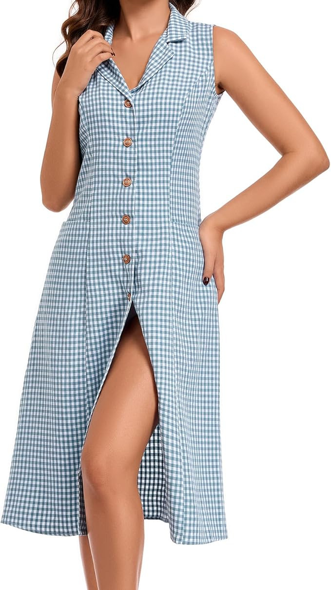 Woman V Neck Sleeveless Dress Dot Shirtdress Office Work Casual Summer Dress | Amazon (US)