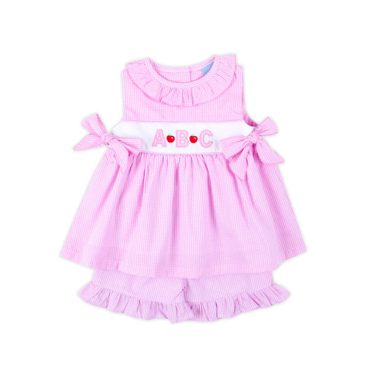 Apple & ABC Applique Pink Gingham Ruffle Collared Short Set | Classic Whimsy