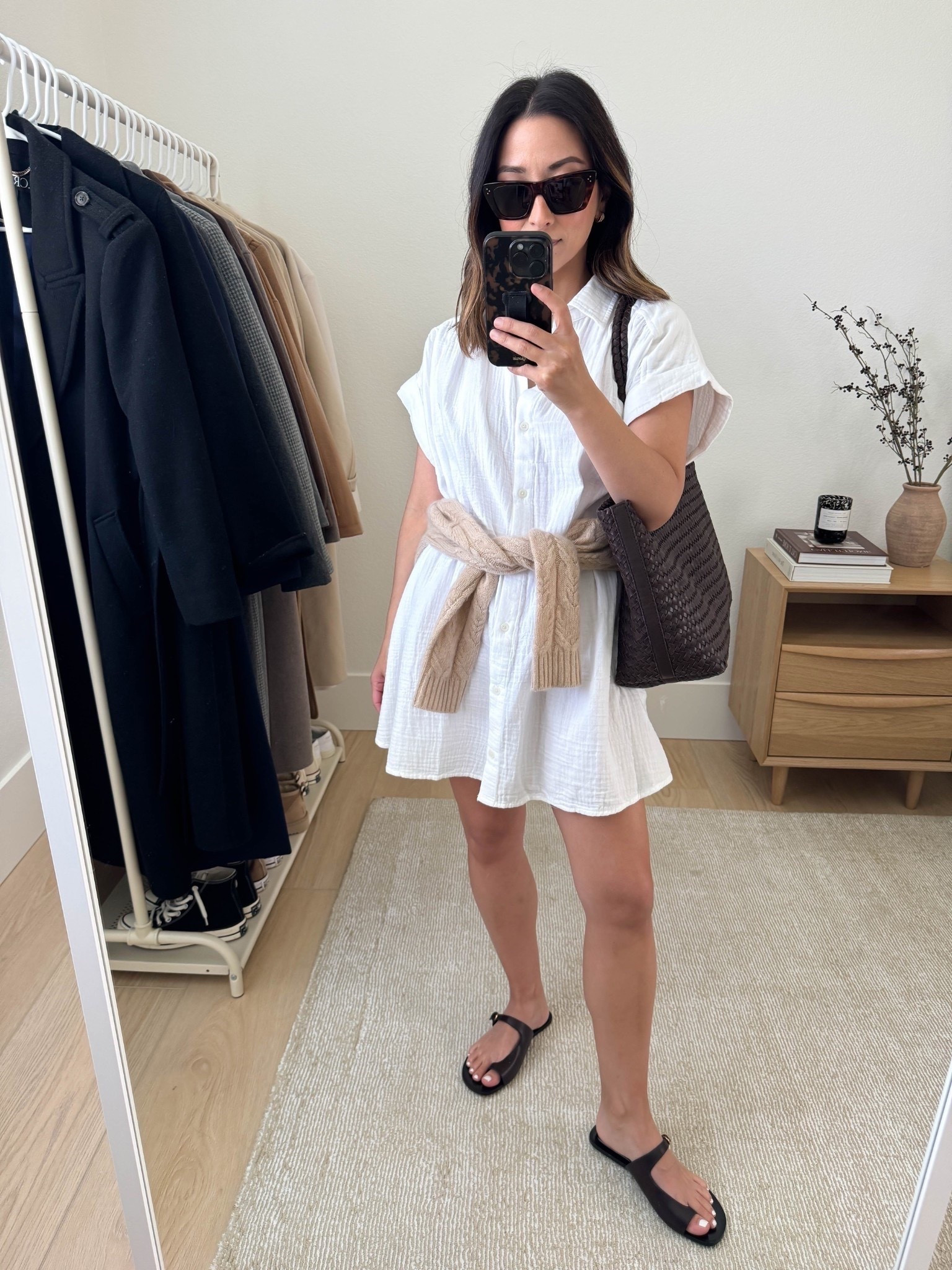 Aritzia gauze swing shirt dress. I'm obsessed with this. It's wide and swings, but really brings movement. Petite-friendly. Works as a great coverup too. 

Aritzia dress xs
Madewell tote
Zara sandals 5
Filoro Cashmere sweater small (old)
J.Crew earrings
Dorsey James necklace 15"

Petite style, white dress, dresses, summer style, summer outfit 

#LTKSaleAlert #LTKFindsUnder100 #LTKPetite