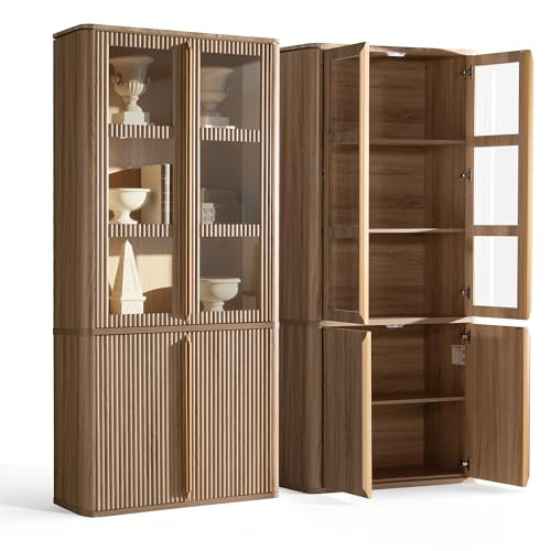 77" Tall Storage Cabinet - Fluted Pantry Cabinets with Glass Doors, Wooden Kitchen Food Cupboard,... | Amazon (US)