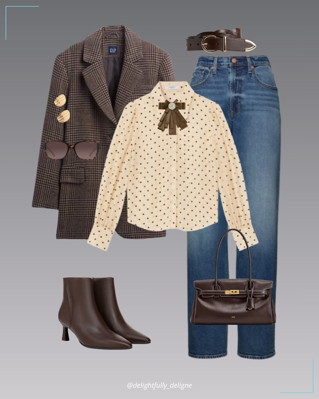 Polka Dot Power 🤎 Oversized wool-blend blazer, polka-dot button-up shirt, high-rise ’90s jeans, braided leather belt, brown shoulder bag, leather boots, ribbon brooch, gold stud earrings & dark tortoise square sunnies.   

 #LTKOver40 #LTKStyleTip #LTKWorkwear
