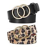 2 Pack Double Ring Belt for Women, Faux Leather Jeans Belts with Golden Circle Buckle (02 Black&Leop | Amazon (US)