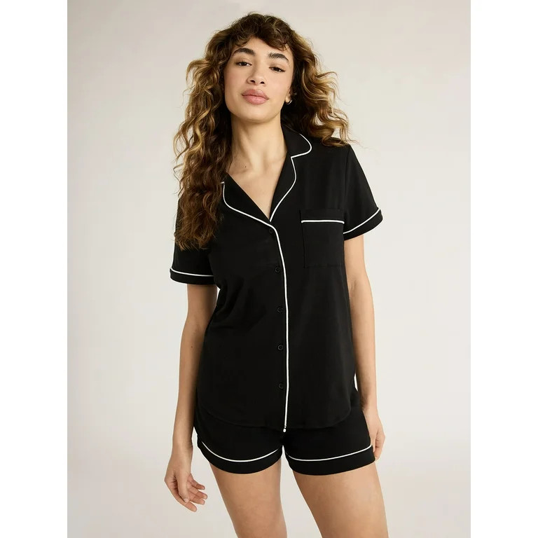 Joyspun Women's Cotton Blend Notch Collar Top and Shorts Pajama Set, 2-Piece, Sizes S to 4X | Walmart (US)