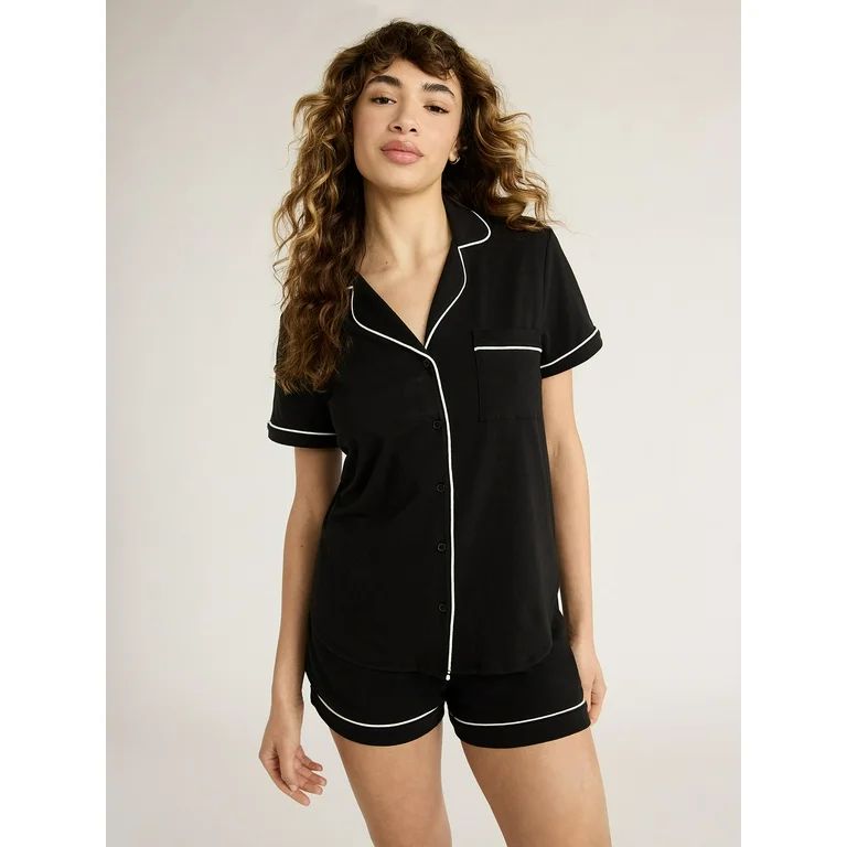 Joyspun Women's Cotton Blend Notch Collar Top and Shorts Pajama Set, 2-Piece, Sizes S to 4X - Wal... | Walmart (US)