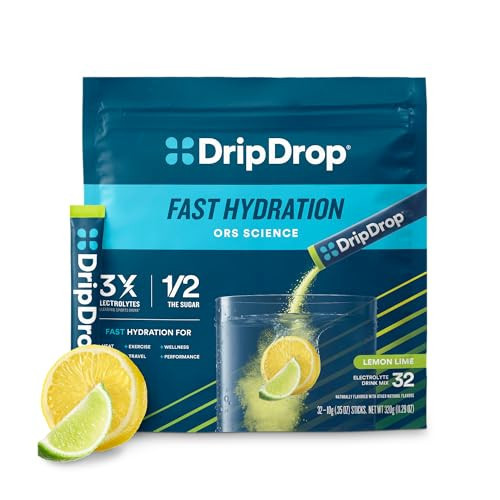 DripDrop Hydration Packets - Lemon Lime - Single Serve Electrolytes Powder Drink Mix - Non-GMO, Gluten Free, Vegan - 32 Sticks | Amazon (US)