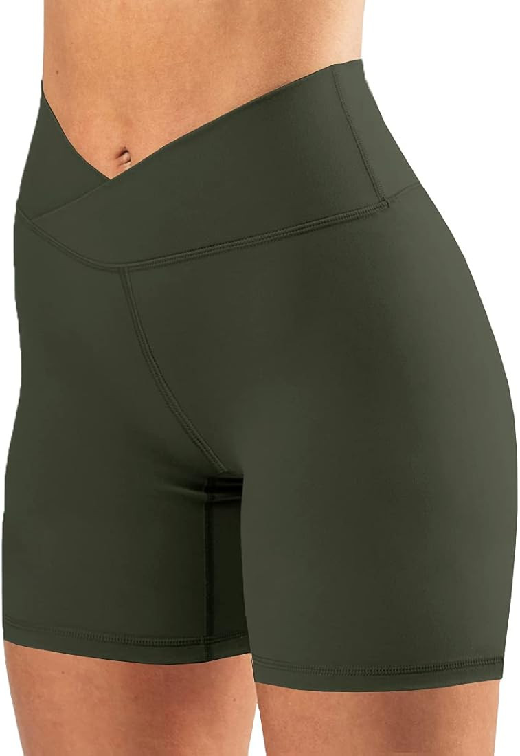 Puedizux Women's High Waisted Biker Shorts Cross Waist Workout Yoga Shorts Running Leggings with/no  | Amazon (US)