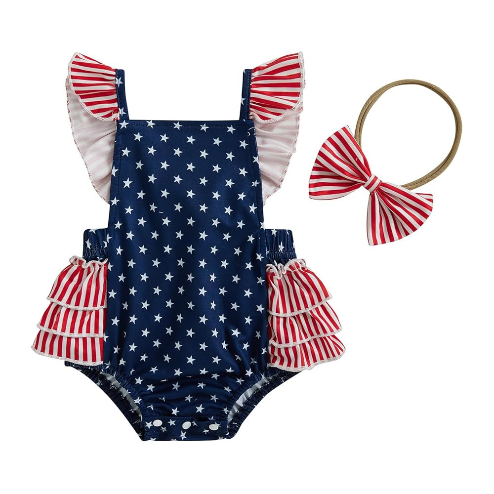 4th of July Baby Girl Outfits Stars Stripes Flying Sleeeve Ruffle Romper Cute Newborn Baby Girl 4... | Amazon (US)