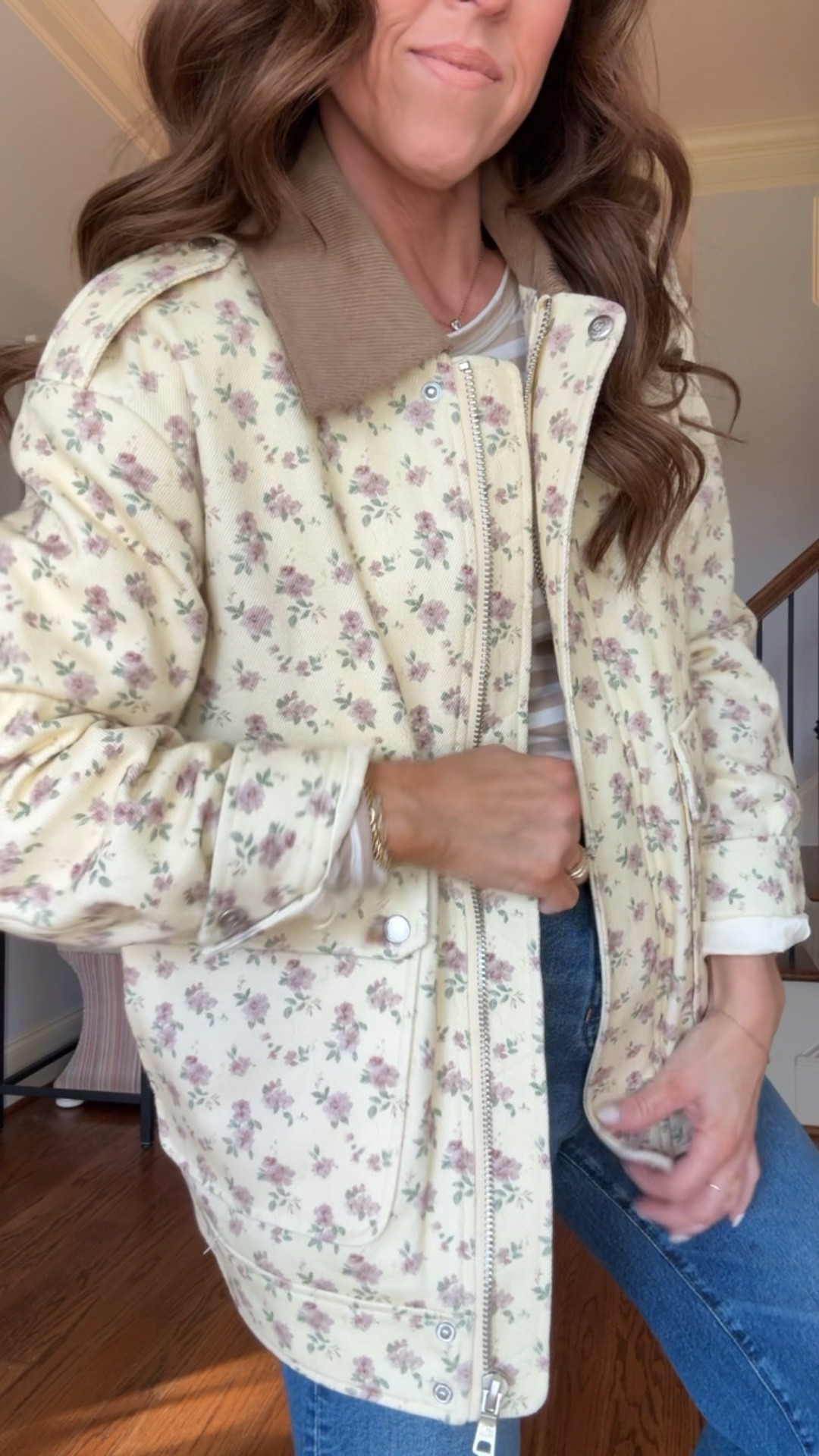 Floral field jacket. Spring jacket. 
Jacket XS. Tee XS. Jeans down 1 size. Shoes TTS. 

#LTKSeasonal #LTKOver40