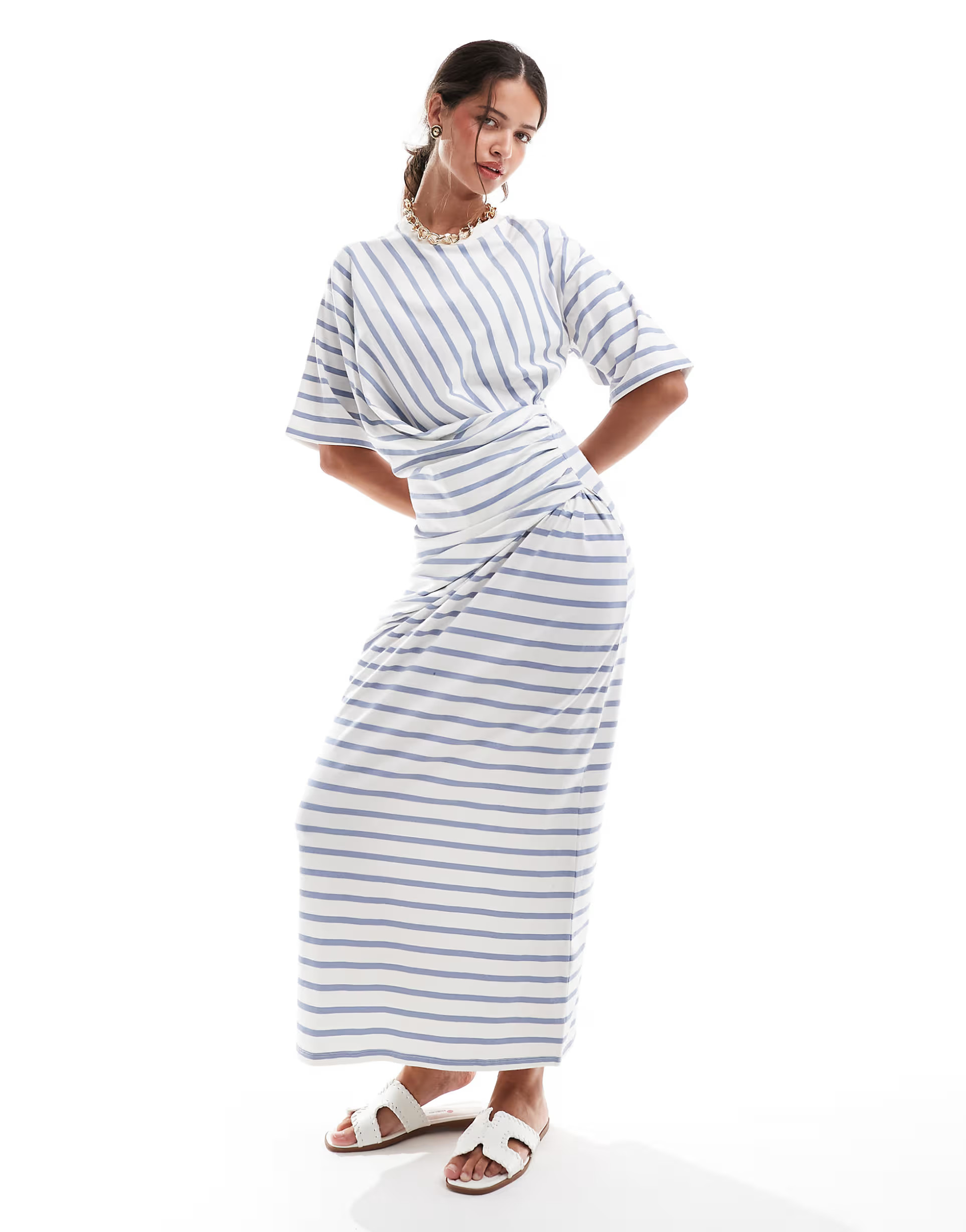 ASOS DESIGN short sleeve with twist detail midi dress in blue stripe | ASOS | ASOS (Global)