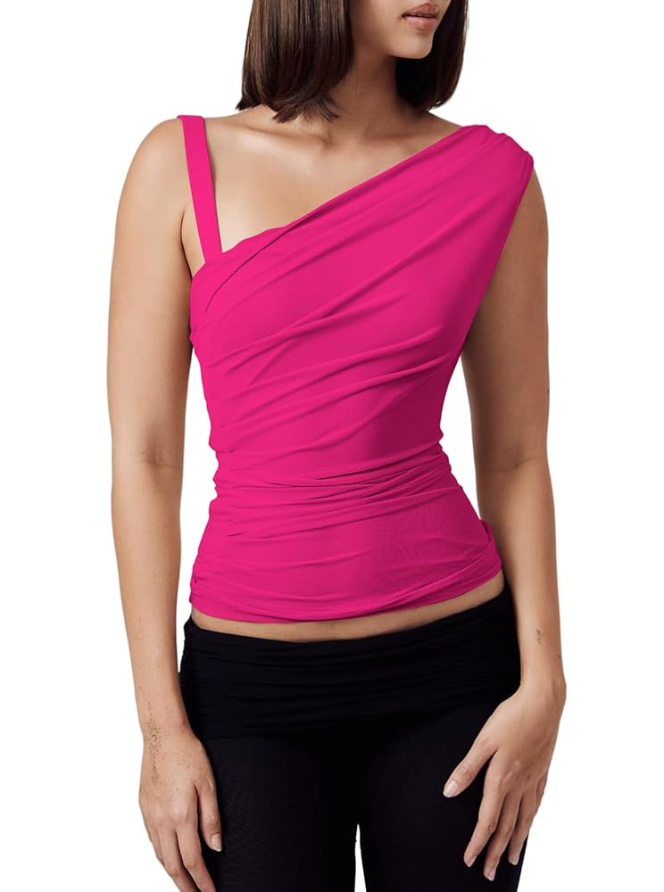 One Off The Shoulder Tops for Women - Sleeveless Mesh Ruched Going Out Crop Tank Top Slim Fit Y2K... | Amazon (US)