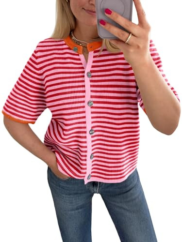 Saodimallsu Womens Short Sleeve Cardigans Lightweight Striped Button Down Crew Neck Spring Summer... | Amazon (US)