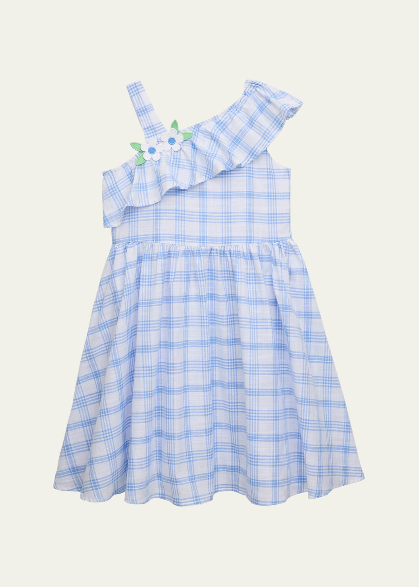 Girl's Plaid One-Shoulder Flower Dress, Size 2-8 | Bergdorf Goodman