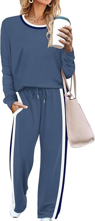 WIHOLL 2 Piece Lounge Sets for Women Long Sleeve Tops Wide Leg Sweatpants Sweatsuits with Pockets | Amazon (US)