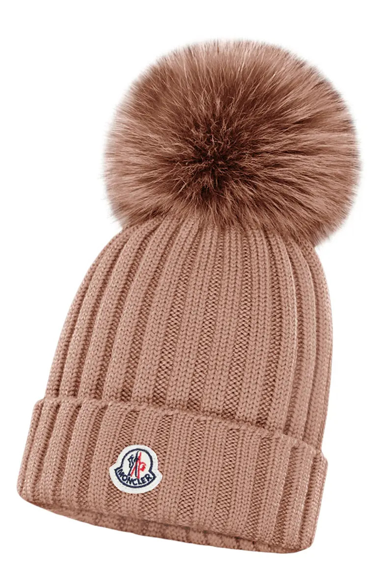 Moncler Rib Virgin Wool Beanie with Genuine Fox Fur Pom | Nordstrom | Nordstrom