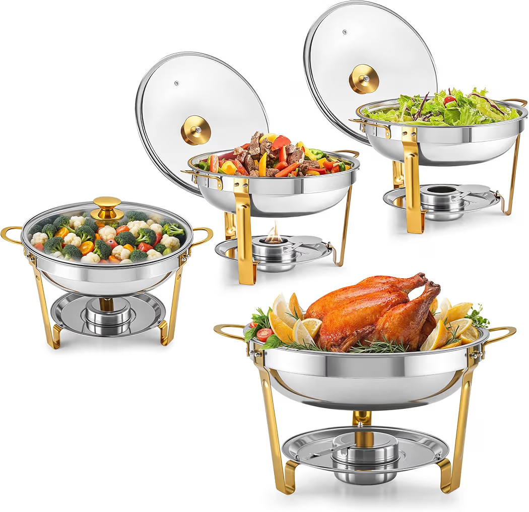 WILPREP Chafing Dishes for Buffet, 4 Pack 5 qt Round Chafing Dish Set with Glass Lids Holders Fol... | Amazon (US)