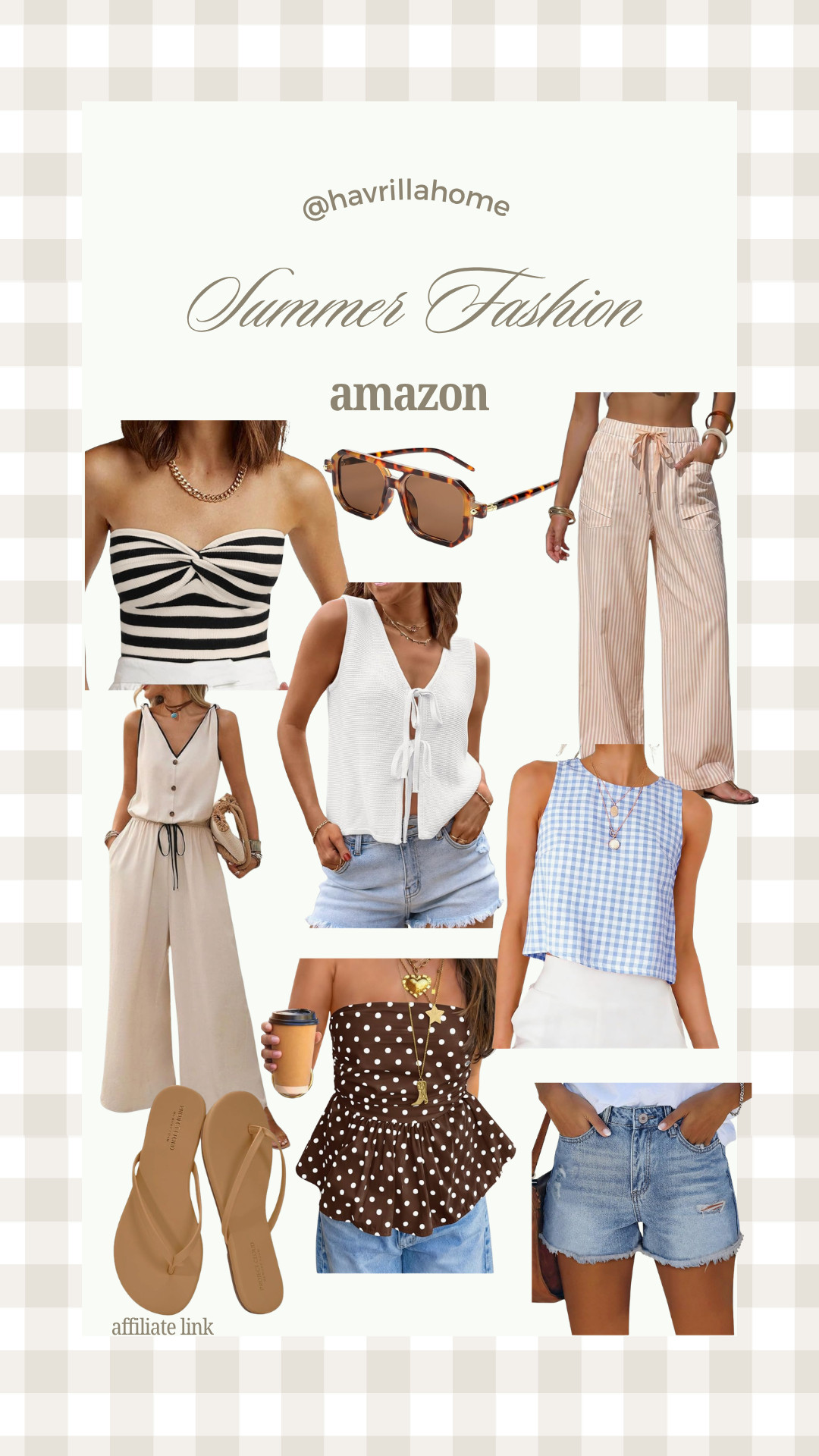 Summer Fashion, Amazon fashion, summer outfits, summer style, casual summer outfits, women's fashion finds, striped tube top, gingham tank top, polka dot peplum top, white knit vest, linen jumpsuit, striped linen pants, denim shorts, neutral sandals, tortoise sunglasses, affordable fashion, vacation outfits, capsule wardrobe, everyday style, trendy Amazon clothing, summer wardrobe essentials

#LTKSeasonal #LTKBeauty #LTKTravel