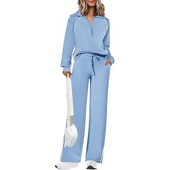 PRETTYGARDEN Women's 2 Piece Outfits Casual Lapel Half Zip Sweatshirts and Wide Leg Pants Tracksu... | Amazon (US)