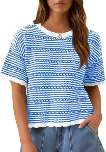 Fisoew Women's Summer Striped Cropped Knit Tops Short Sleeve Crew Neck Casual Sweater Going Out T... | Amazon (US)