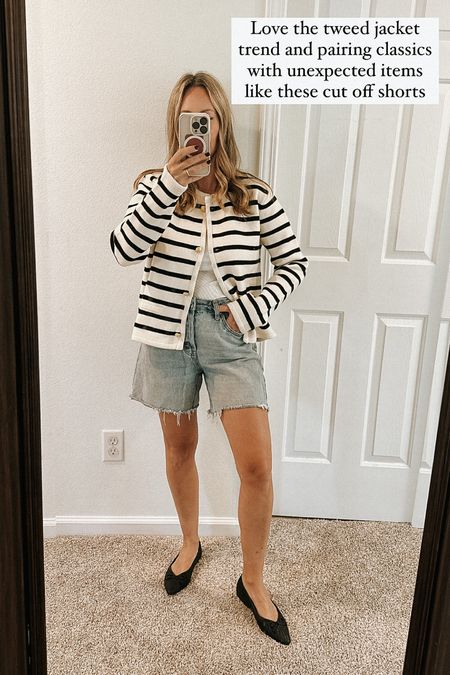 Tweed jacket trend striped sweater with ballet flats and cut off Jean shorts 