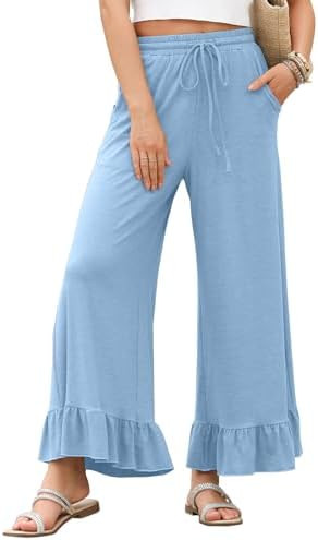 EVALESS Womens Wide Leg Pants Drawstring Elastic High Waisted Ruffle Hem Palazzo Pants with Pocke... | Amazon (US)