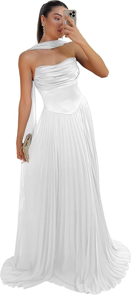 Rjer Strapless Bridesmaid Dresses with Scarf Satin and Chiffon A-Line Ruched Pleated Wedding Gues... | Amazon (US)