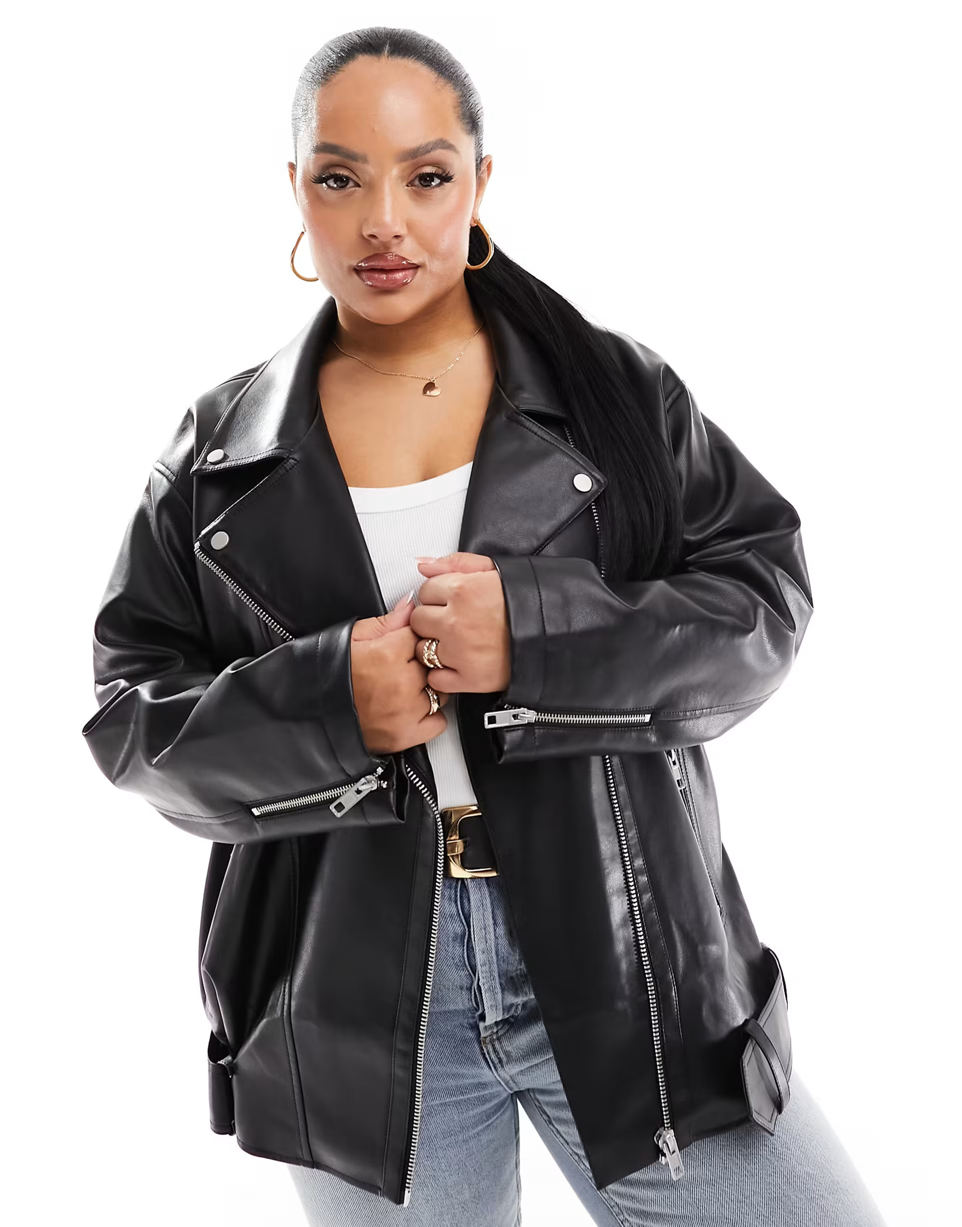 ASOS DESIGN Curve longline oversized faux leather biker jacket in black | ASOS (Global)