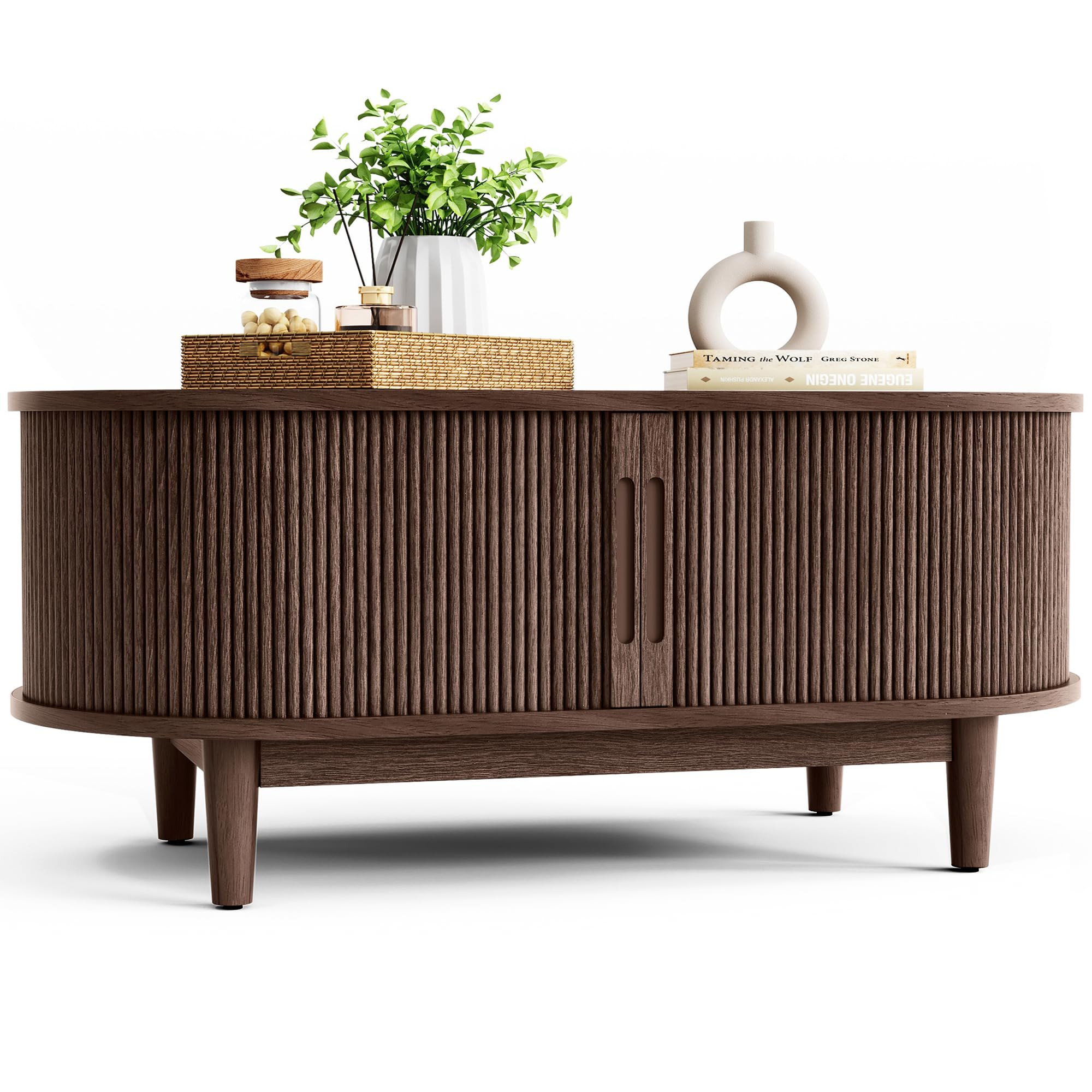 LINSY HOME Oval Coffee Table, Wood Coffee Table with Storage, Fluted Accent Center Table with Sli... | Amazon (US)