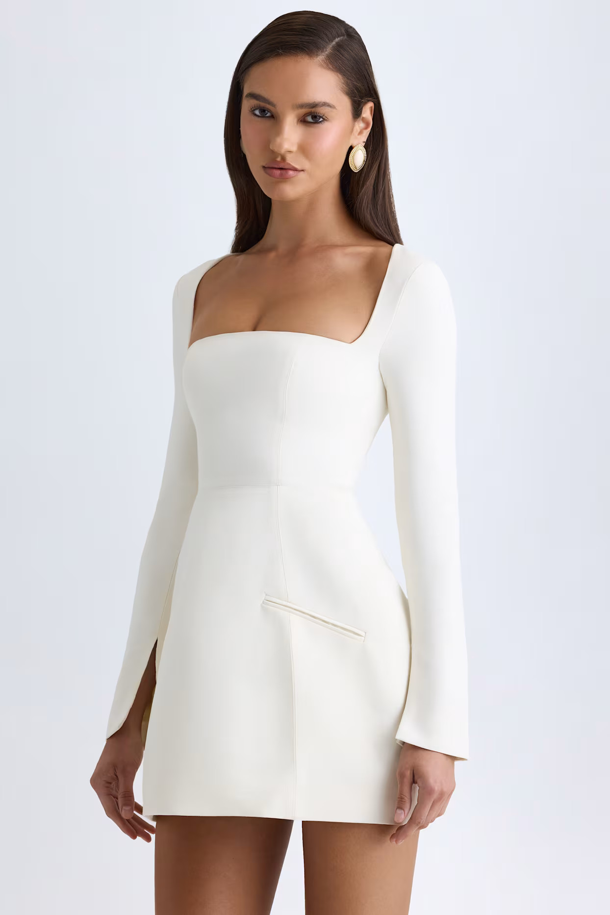 Square-Neck Structured Tulip Mini Dress in Vanilla | Oh Polly