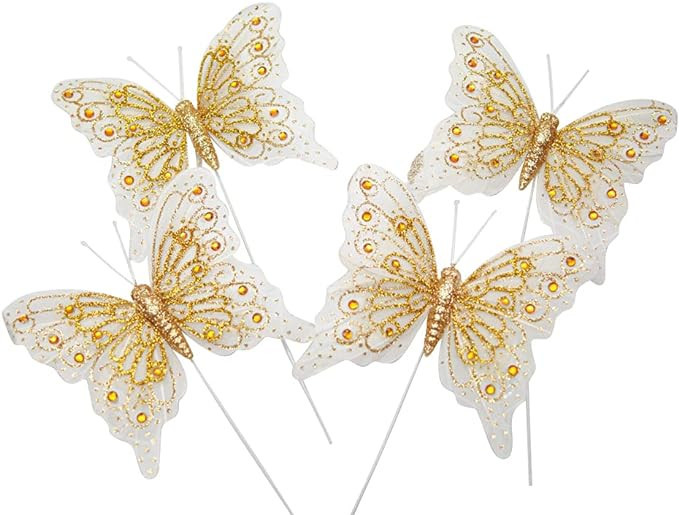 Set of 12 Glitter Monarch Feather Butterflies on Wire for Floral Arrangements and DIY Decorations... | Amazon (US)
