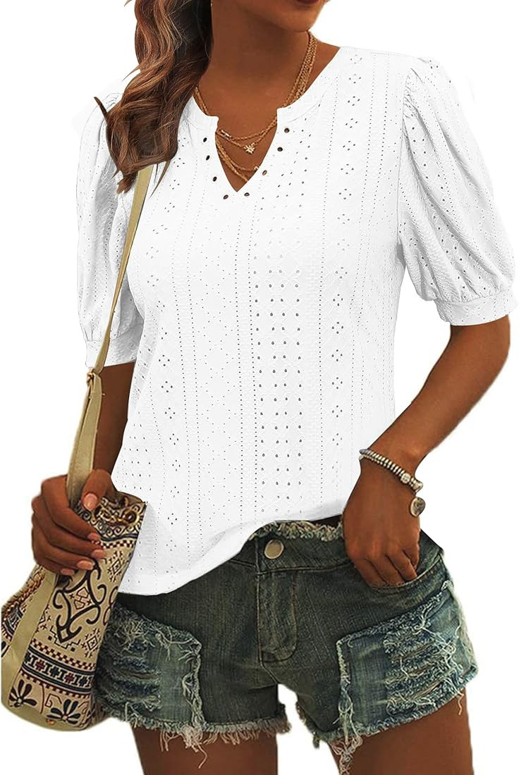 LUYAA Women's Casual Blouse Shirts Eyelet V Neck Tops Summer Puff Sleeve Trendy Tunics | Amazon (US)