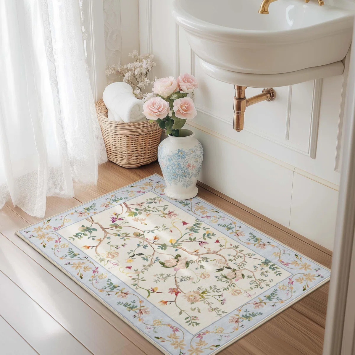 Chinoiserie Carpet Vintage Floral Rug Washable Non-slip Beige/Blue | Wayfair North America